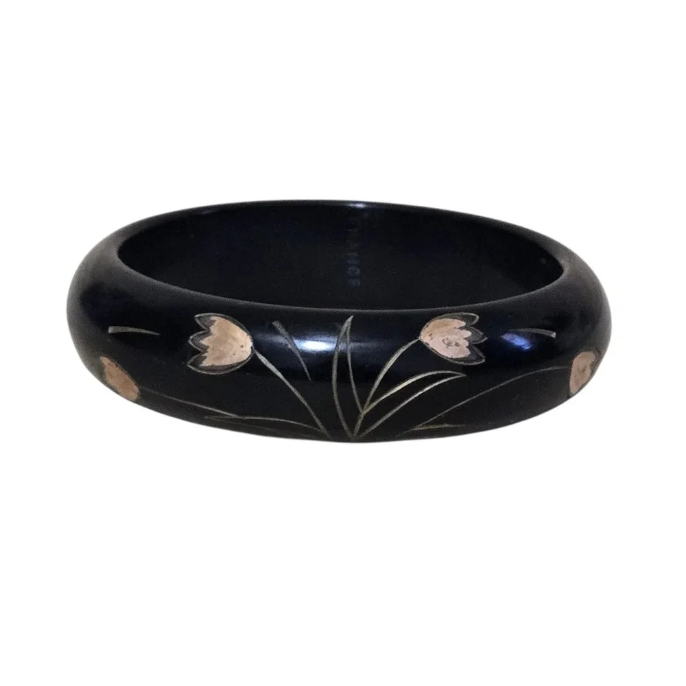 Carved Painted Flowers Black Bakelite Bangle Bracelet France signed Vtg Art Deco